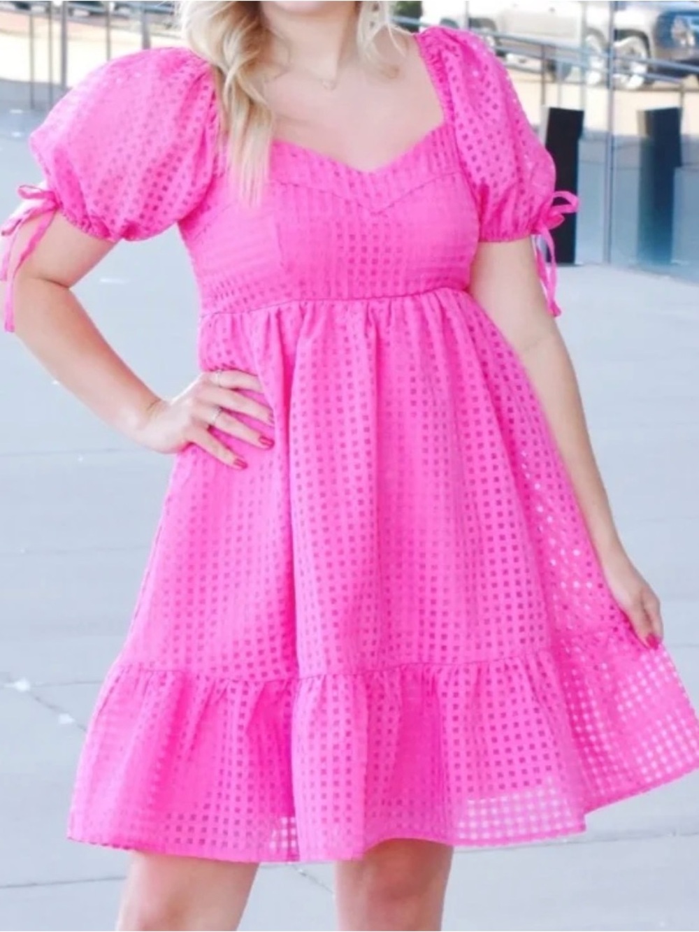 entro Hot Pink Eyelet Puff Sleeve Mini Dress